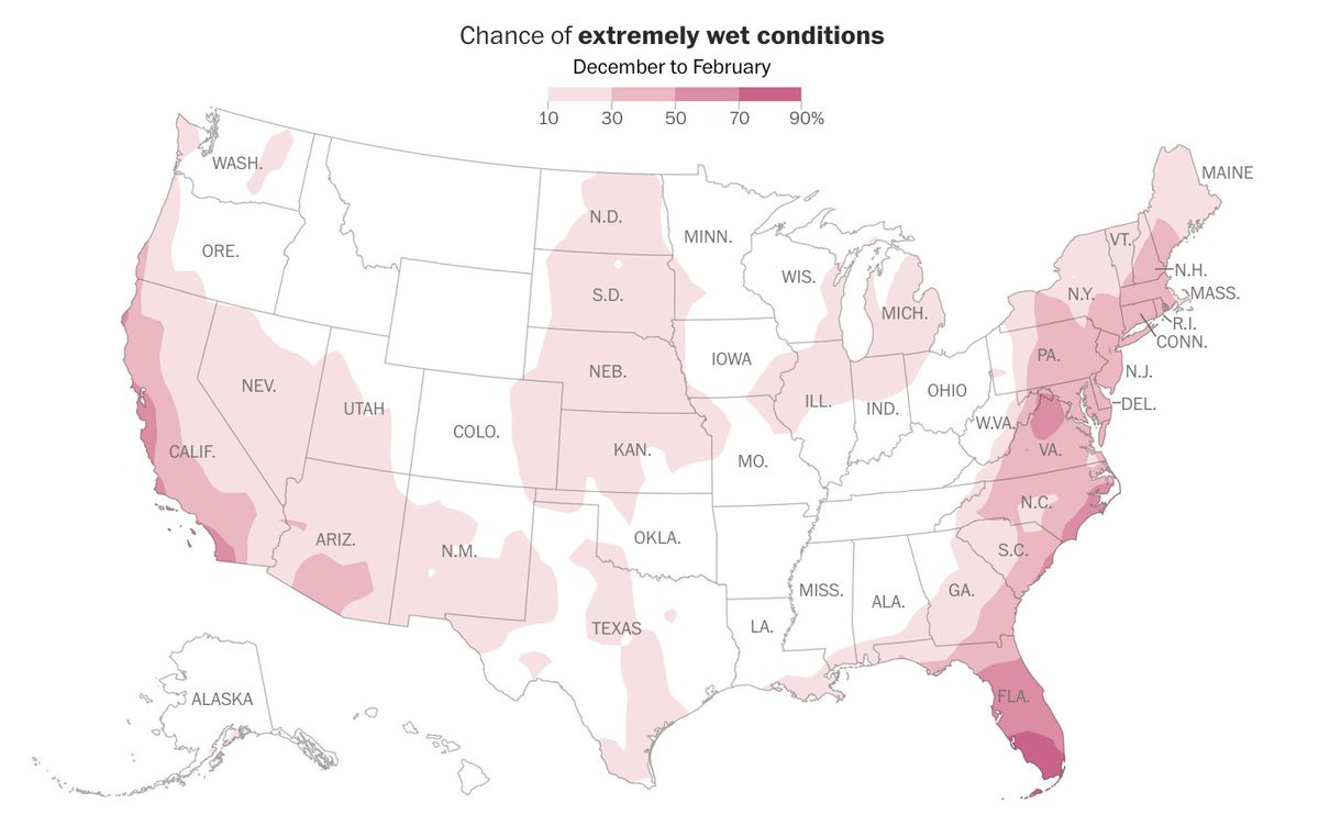 If you live in a pink area on this map, your chances for a particularly stormy winter are notably higher than normal.
